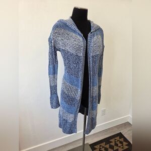 GAP Hooded Blue Striped Cardigan Loose Knit Beachy Boho Nautical Coastal Small